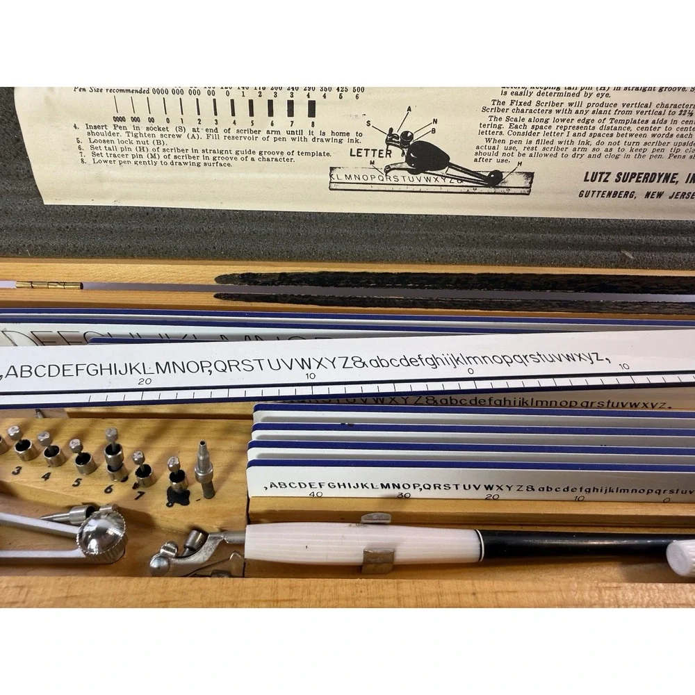 Vintage Lutz Superdyne Mechanical Lettering Drafting Template Set Complete Case